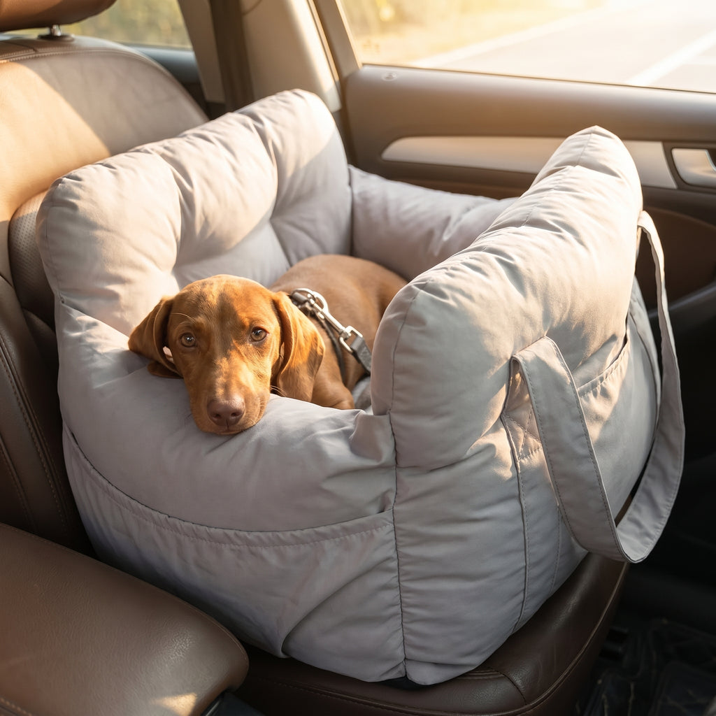 Hund entspannt im grauen Doviera Hundeautositz im Auto